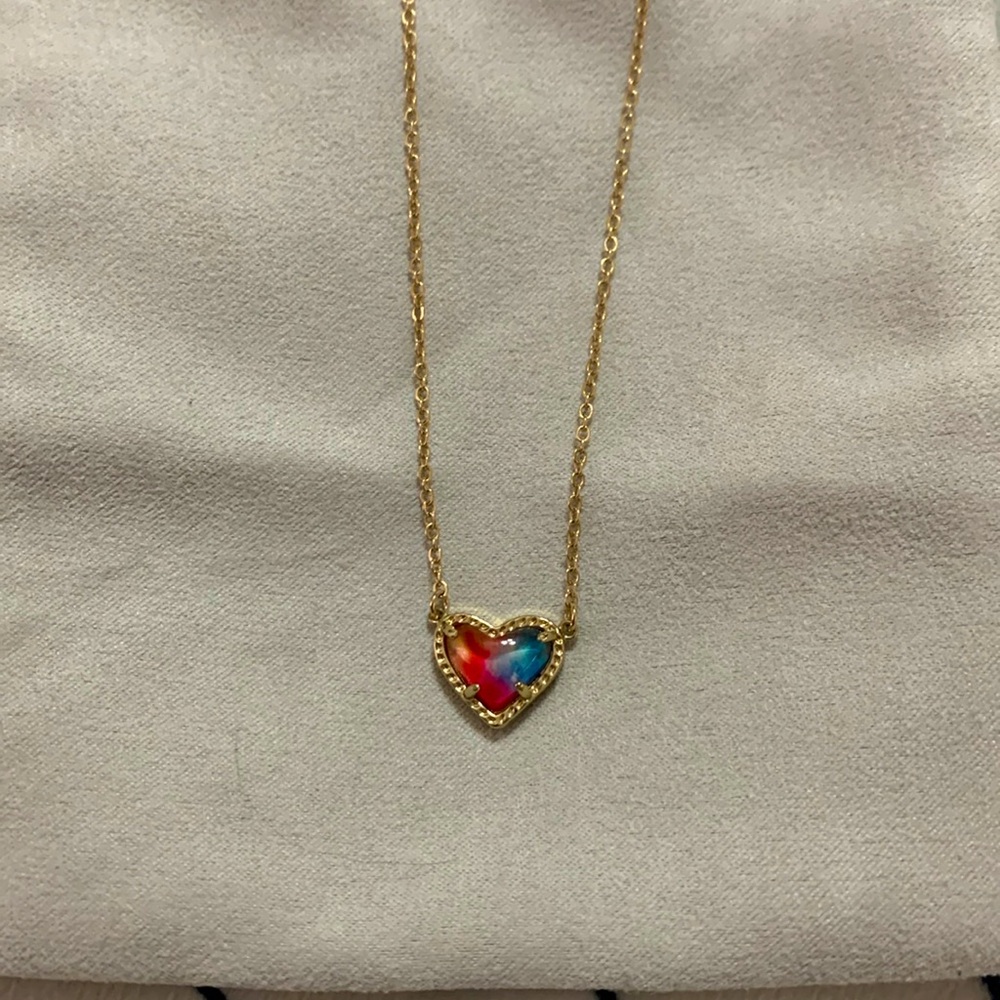 Kendra Scott Gold Necklace with Red and Blue Heart Pendant